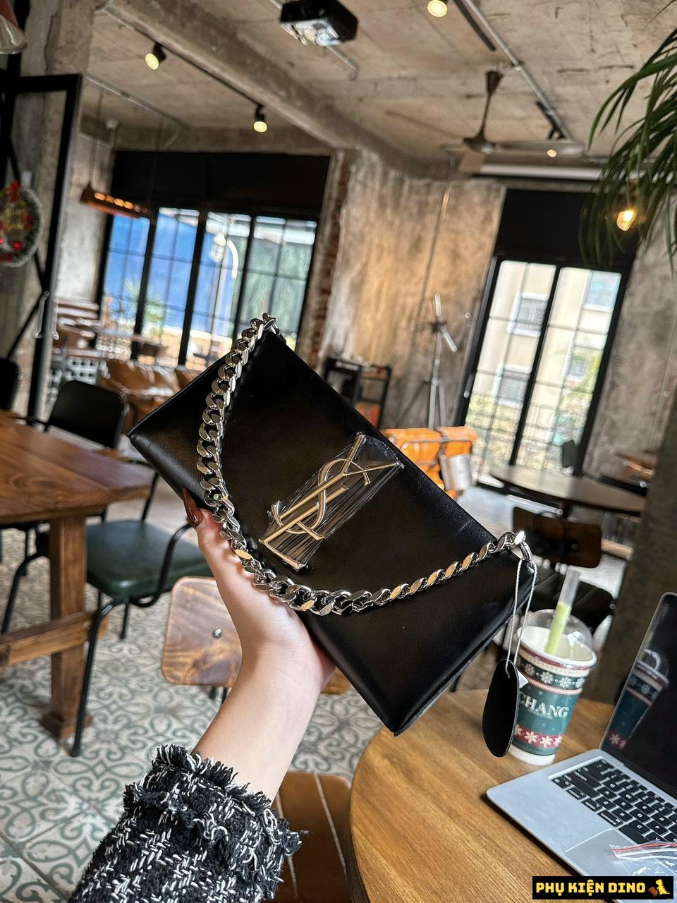 Túi Xách Nữ YSL Da Trơn Dáng Dài Phối Xích 2 Màu Đen Trắng 6 Túi YSL Da Trơn Đen Khóa Bạc