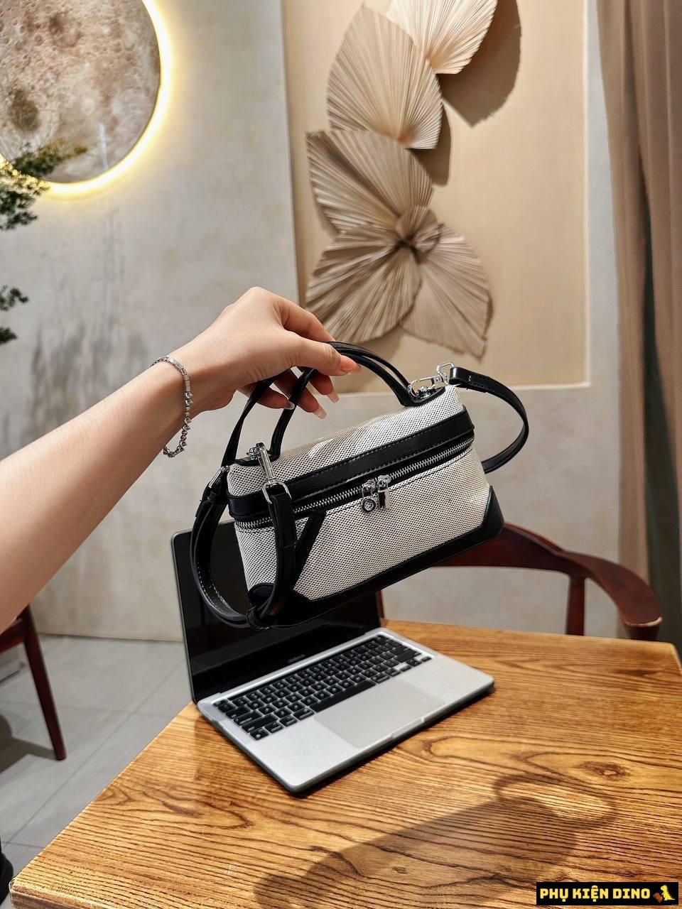 Túi Xách Nữ Canvas Phối Da 2 Màu Nâu Đen 2 Túi Canvas Viền Đen