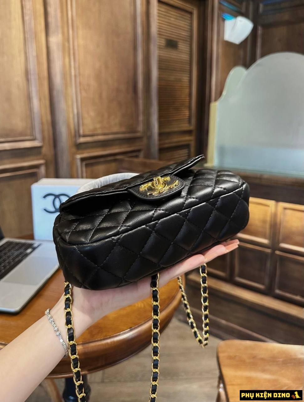 Túi Chanel Giỏ Dáng Bầu Size 19 Ô Trám Trắng Đen 9 tui chanel bau goc o tram mau den