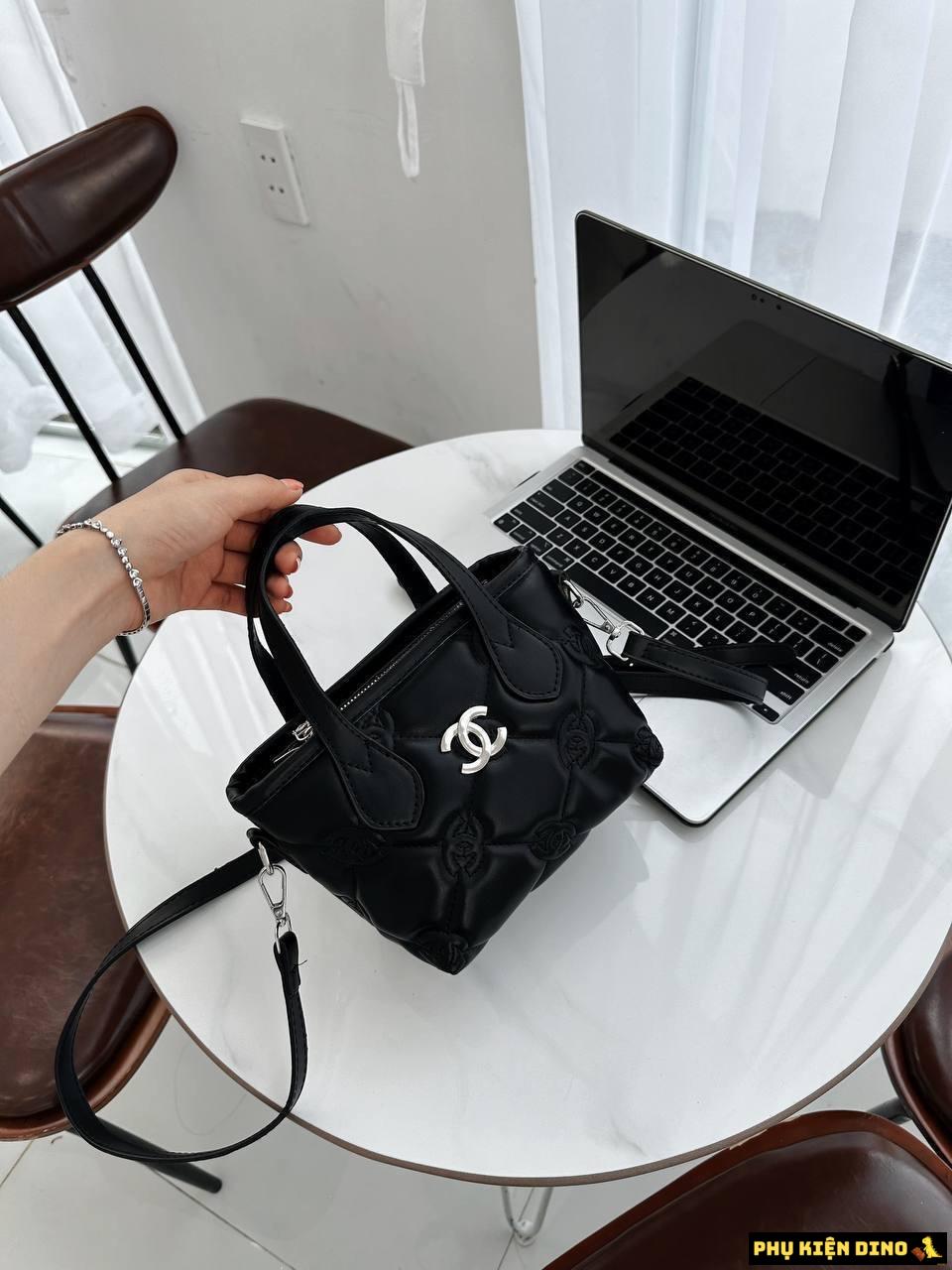 Túi Giỏ Xách Chanel Thêu Màu Đen Size 20 1 Túi Chanel Thêu Full Đen Dáng Giỏ