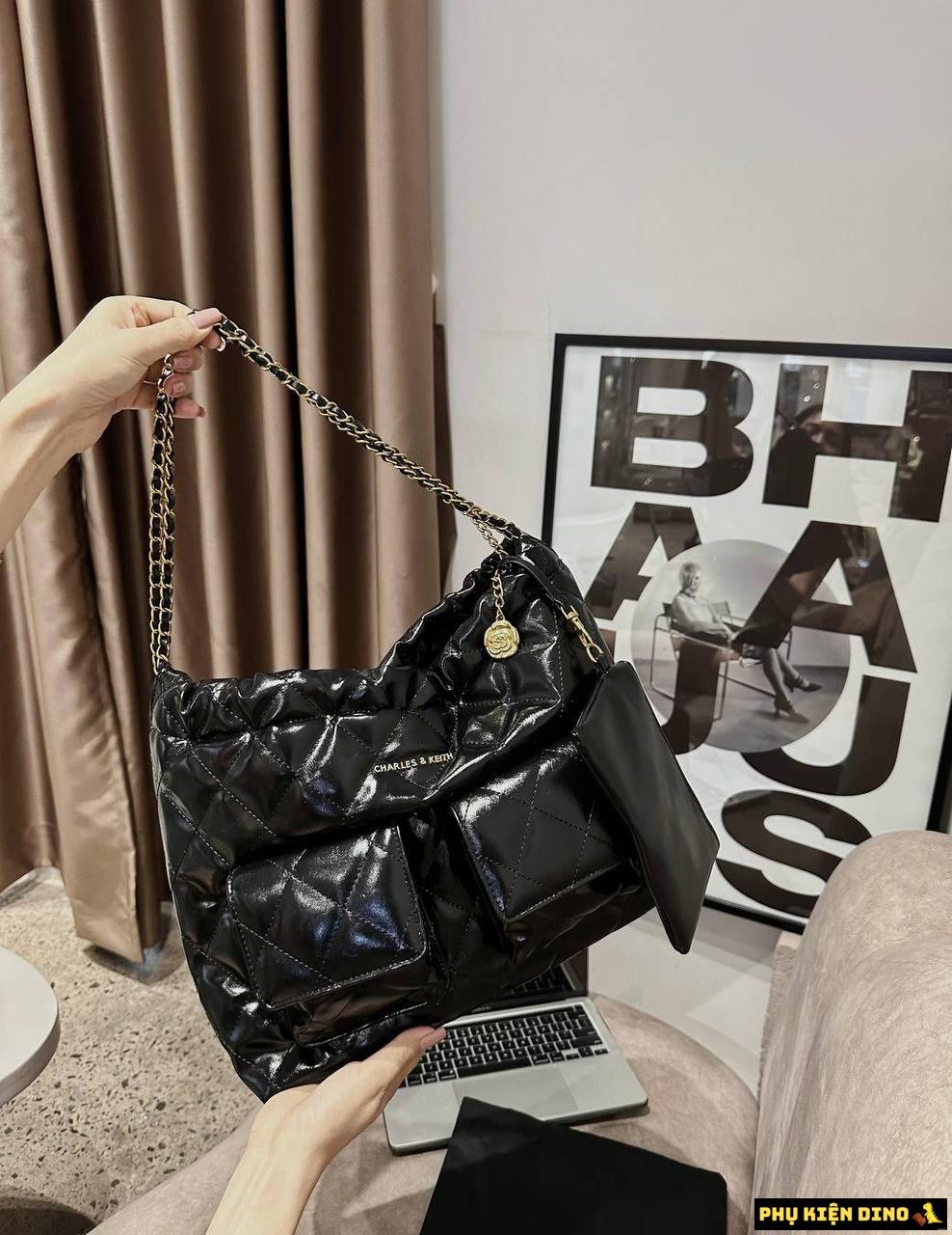 Túi Charles & Keith CNK Công Sở 2 Màu Đen Xanh Denim Size 35 4 Túi CNK Da Bóng Công Sở Size lớn 35