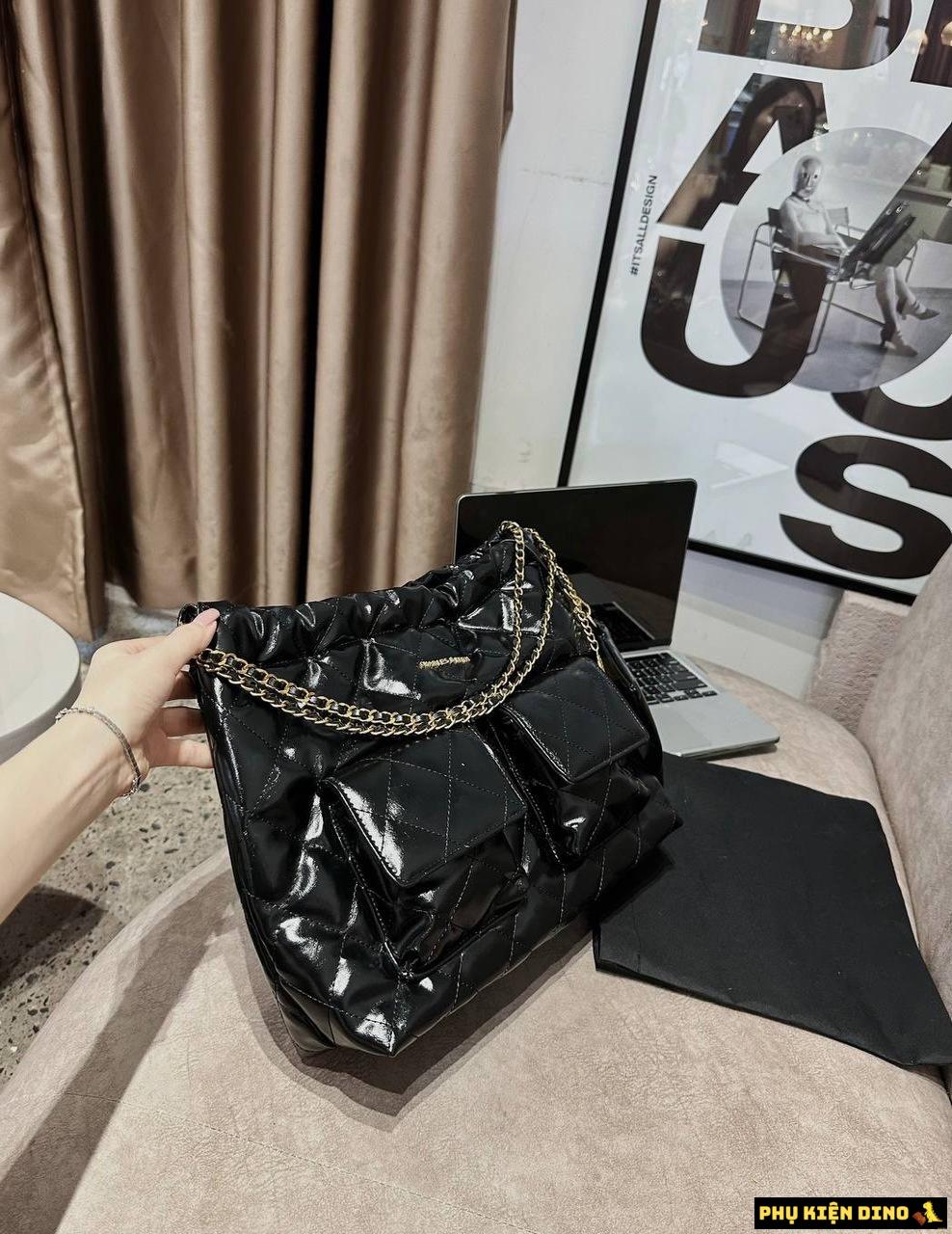 Túi Charles & Keith CNK Công Sở 2 Màu Đen Xanh Denim Size 35 5 Túi CNK Đen Bóng 2 Nắp