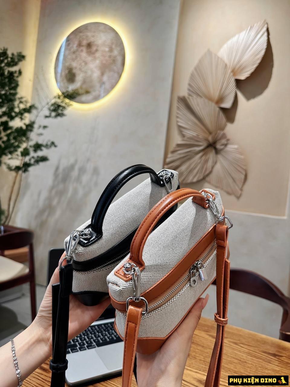Túi Xách Nữ Canvas Phối Da 2 Màu Nâu Đen 5 Túi Xách Nữ Canvas Viền Màu