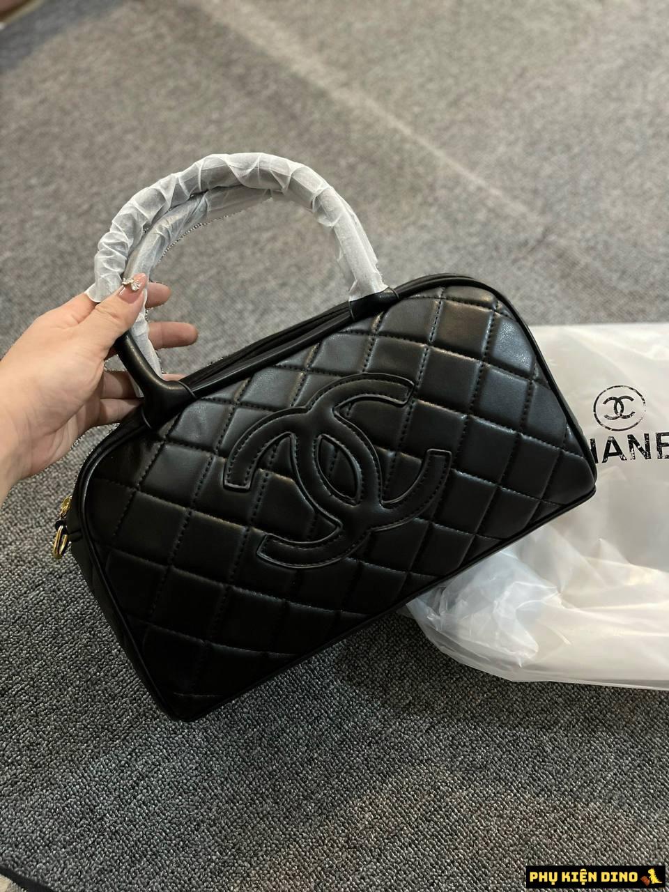 Túi Chanel CC Quilted Caviar Bowling Bag Black Size 23 2 Túi Chanel Full Đen Dáng Trống Ngang Logo Chìm
