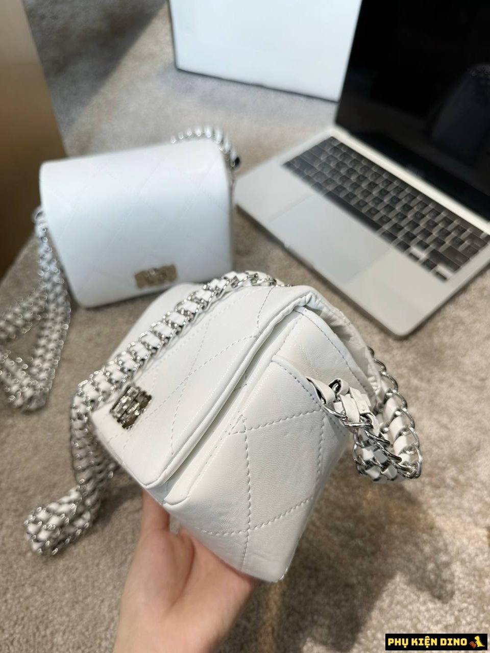 Túi Đeo Vai Ô Trám Màu Trắng Size 20 10 Túi Đeo Vai Ô Trám Dây Xích Sắt Bản To Màu Trắng