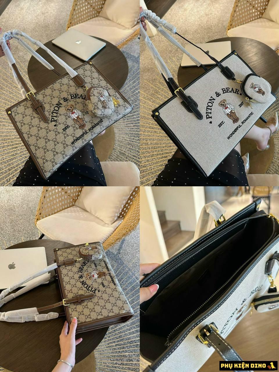 Túi Tote Gấu Bear Hai Màu Họa Tiết Nâu Size 35 1 tui tote gau bear hai mau hoa tiet nau size 35