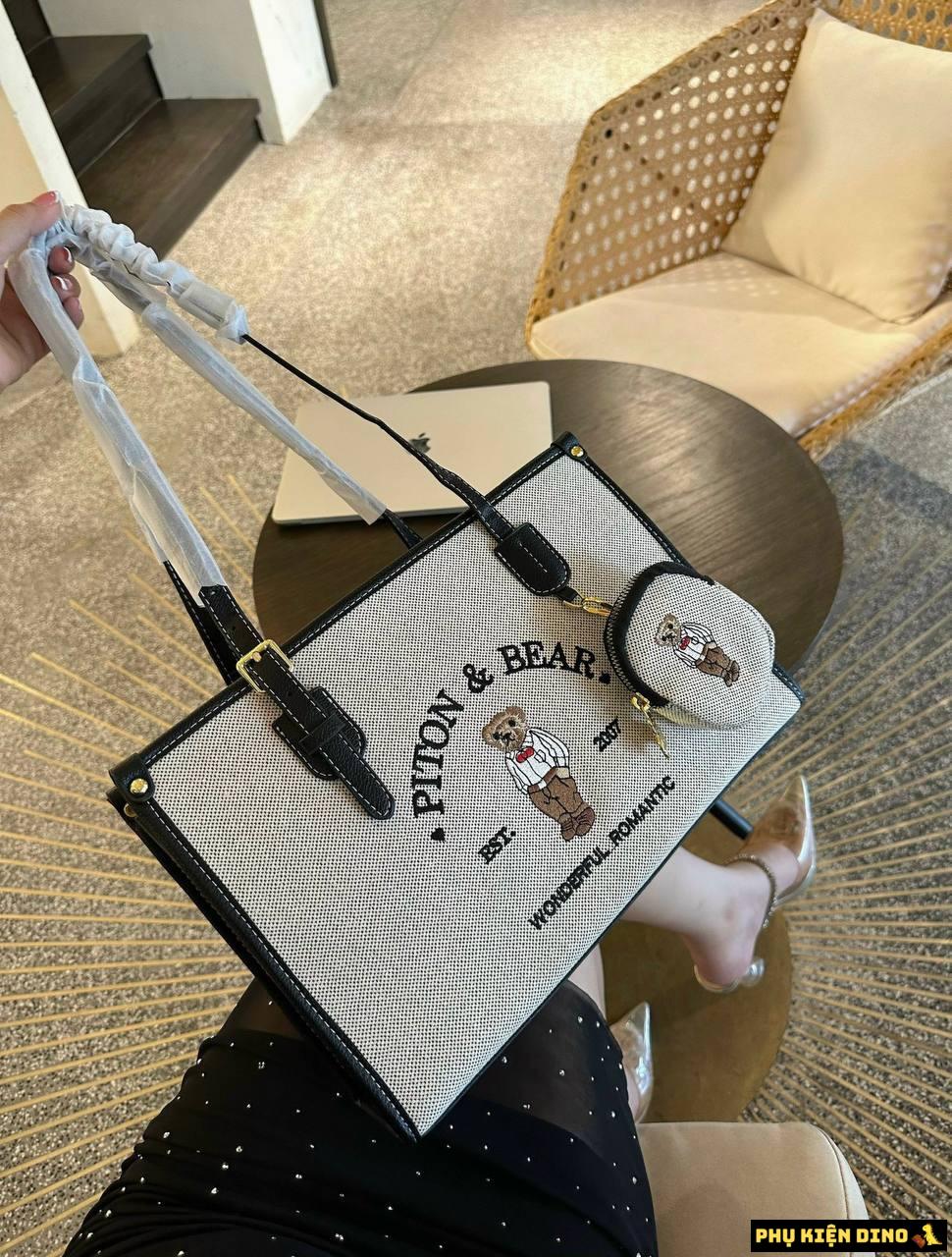 Túi Tote Gấu Bear Hai Màu Họa Tiết Nâu Size 35 3 Túi Tote Gấu Size 35