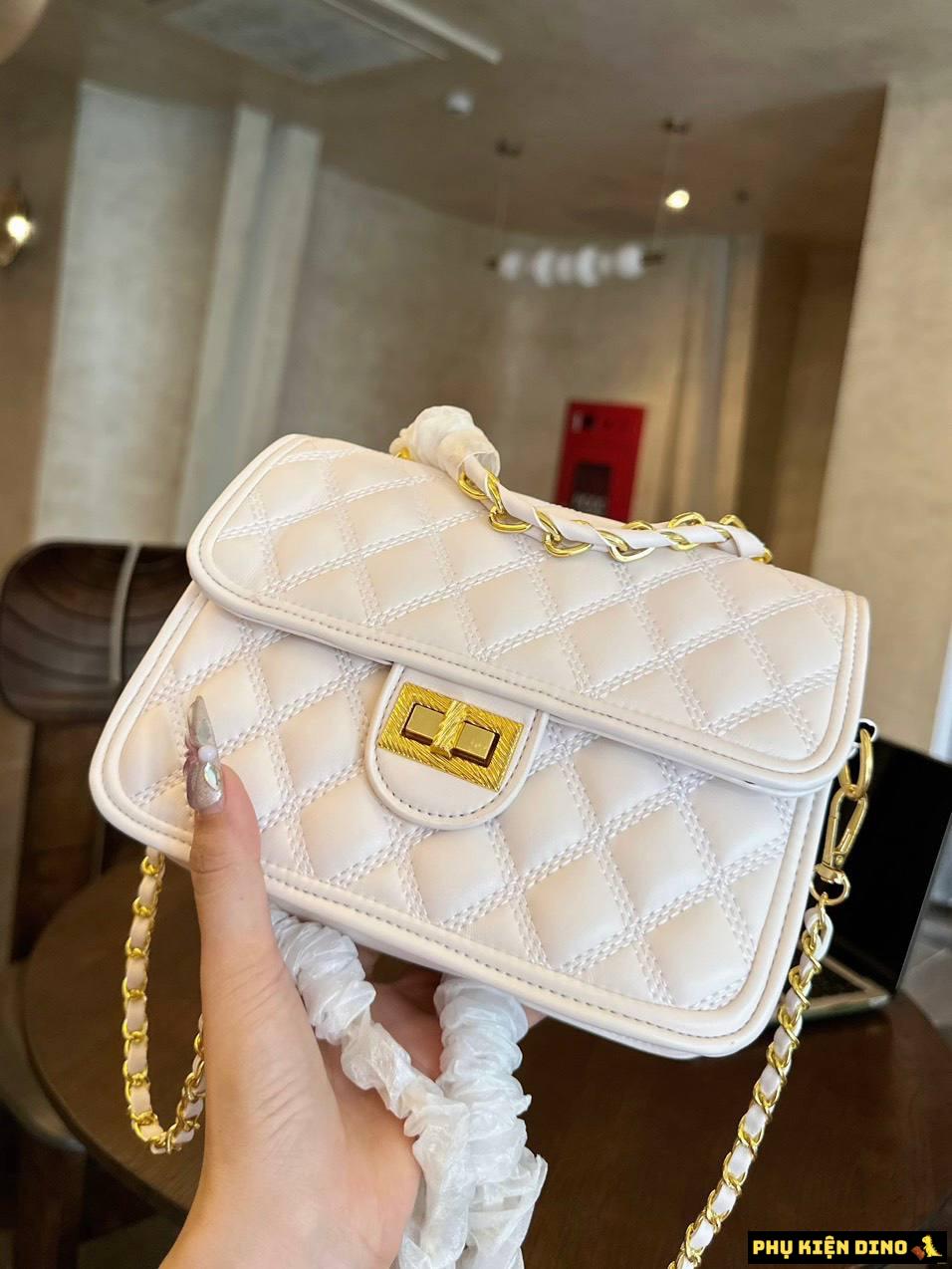 Túi Vuông Khóa Xoay Trần Trám Hai Màu Trắng Đen Size 20 2 tui vuong khoa xoay tram mau trang