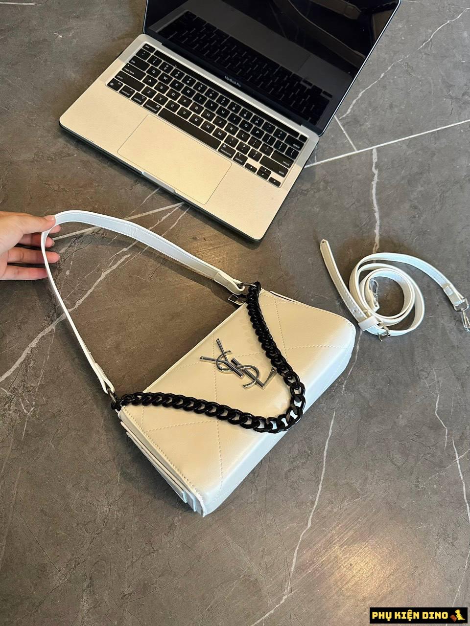 Túi YSL Dáng Ngang Khóa Bạc Size 22 Nâu Trắng 1 Túi YSL Khóa Bạc Xích Đen Màu Trắng