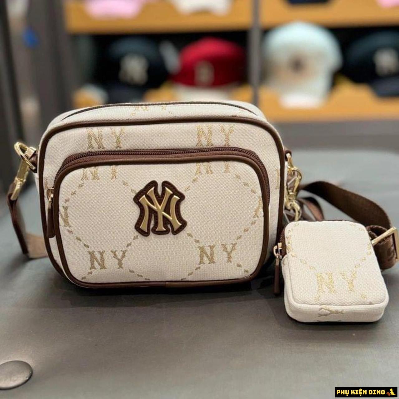 Túi MLB Dia Mono Camera Bag New York Yankees Beige Brown Pink 3 Túi MLB Korea Dia Mono Camera Màu kem Viền Nâu