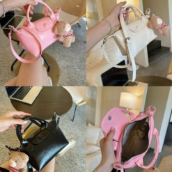 Túi Xách Quai Giỏ Màu Hồng Trắng Đen Size 19 Kèm Gấu