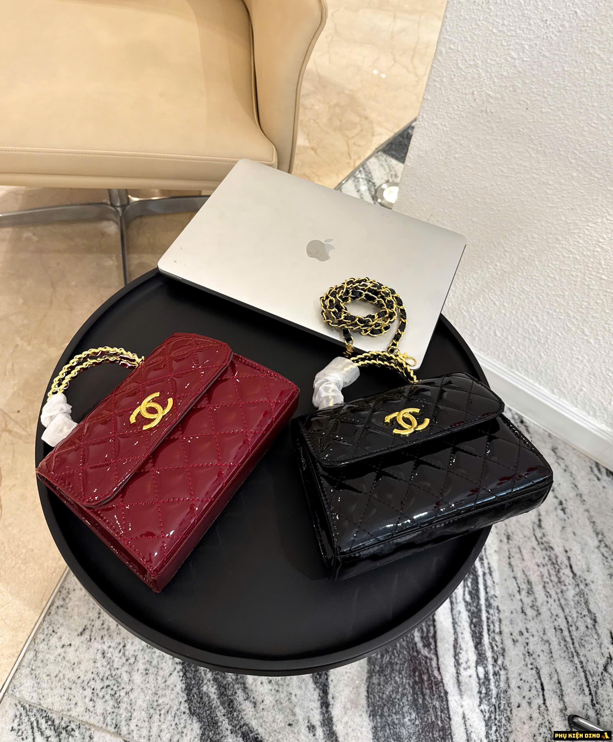 Túi Chanel Quai Kiềng Da Bóng Size 20 Màu Đỏ Đen 9 Túi Chanel Quai Kiềng Da Bóng Size 20