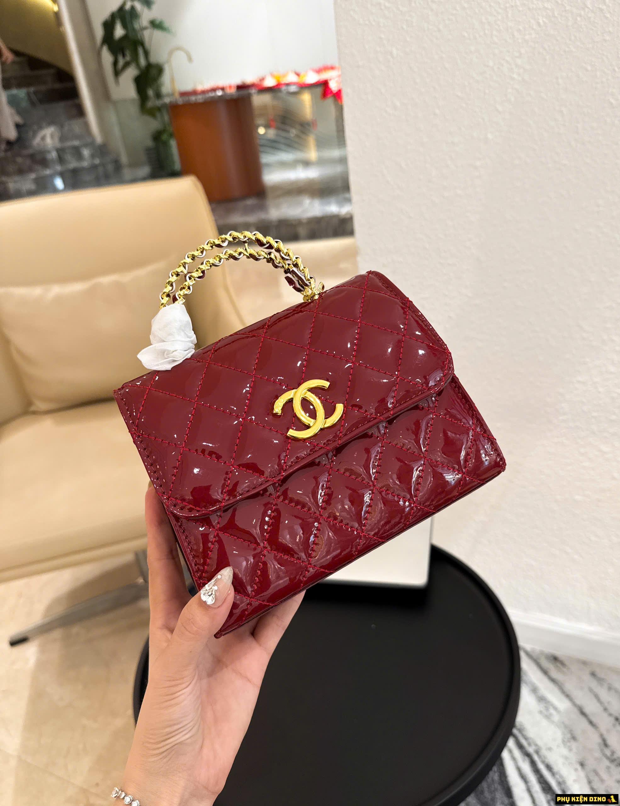 Túi Chanel Quai Kiềng Da Bóng Size 20 Màu Đỏ Đen 5 Túi Chanel Quai Kiềng Size 20 Đỏ Bóng