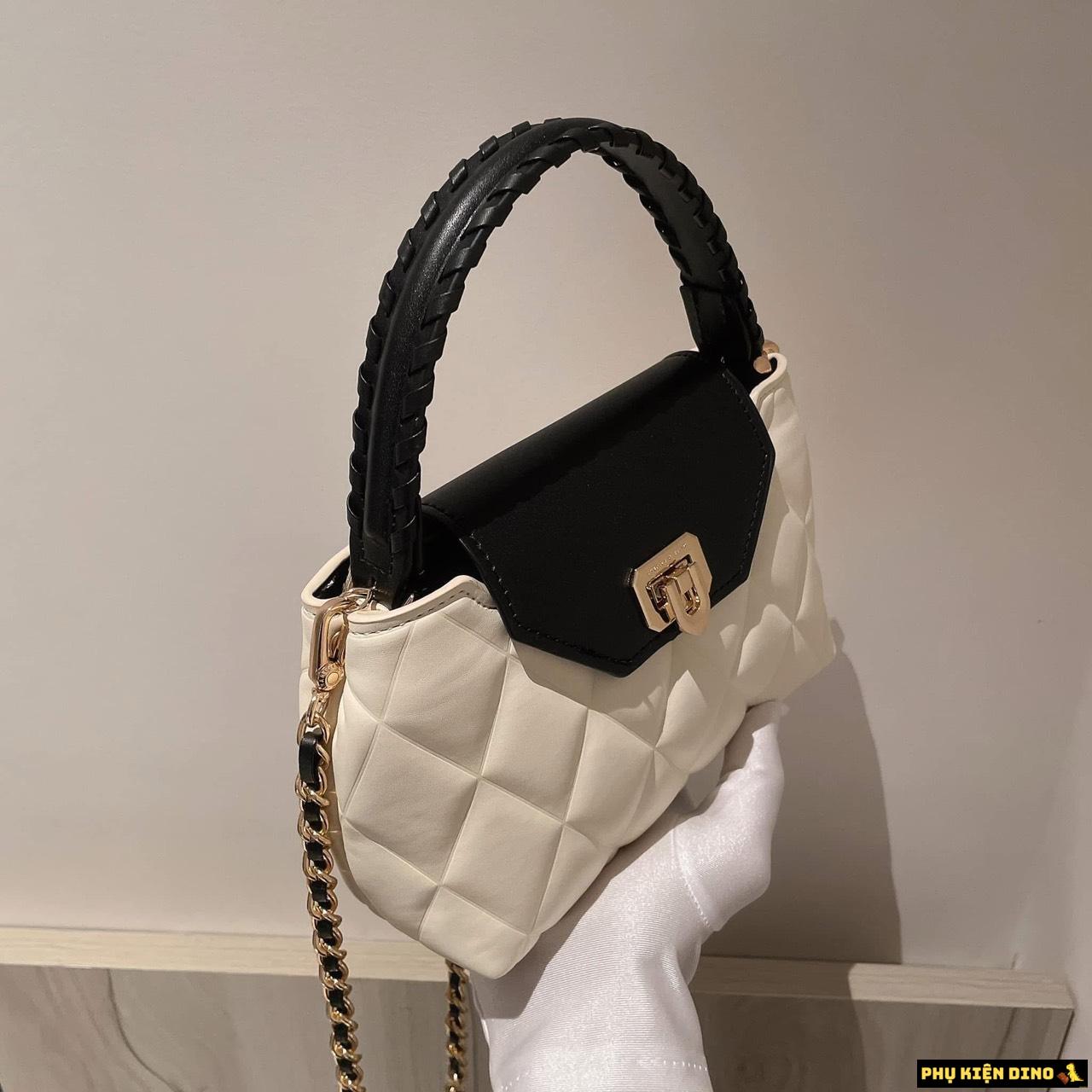 Túi Xách Nữ Charles & Keith CNK Arwen Quilted Braided Strap 8 Túi CNK White Black Trắng Quai Cầm Đen
