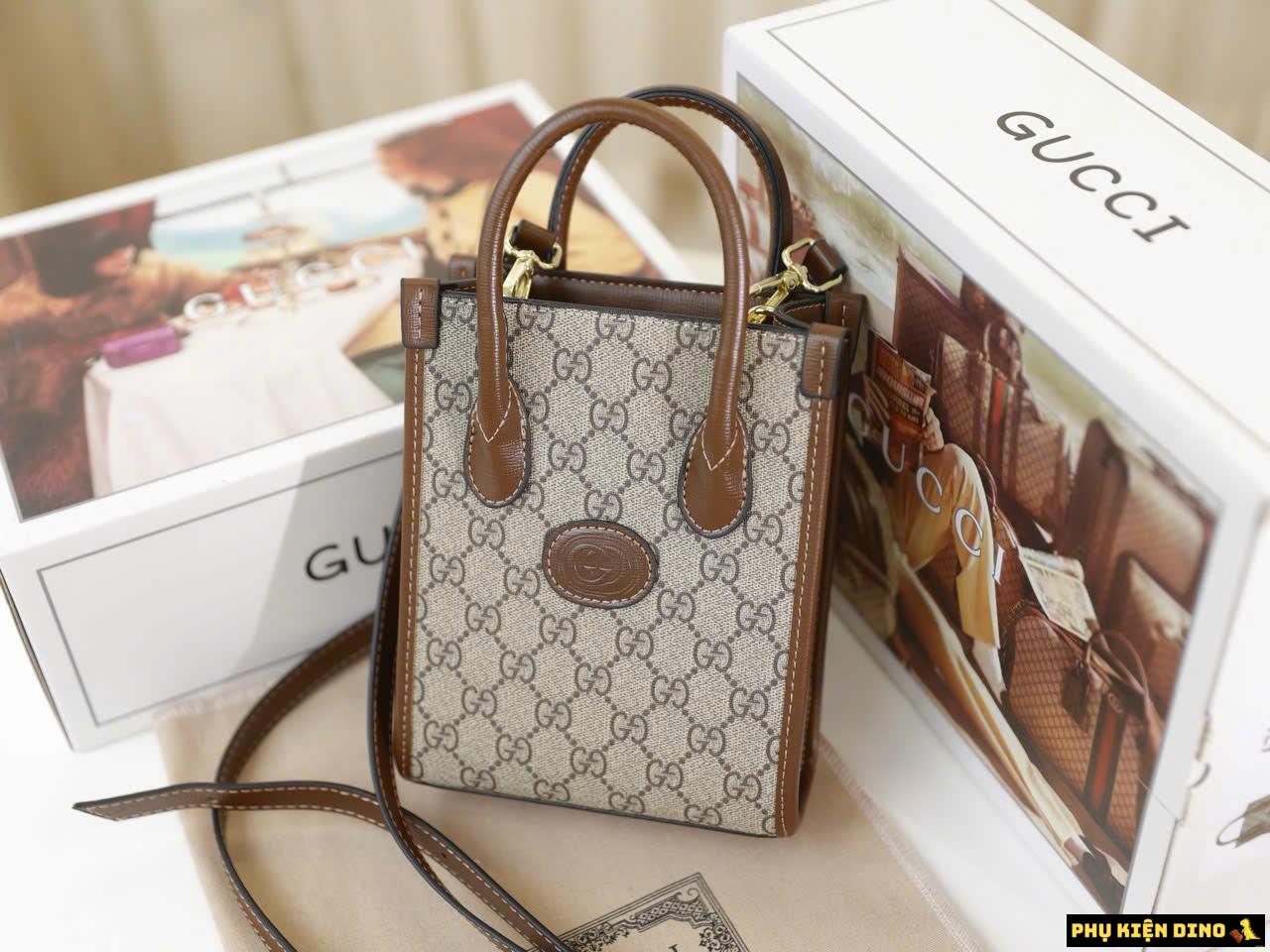 Túi Gucci Tote Mini Bag With Interlocking Brown Like Auth 2 Túi Gucci Tote Mini Bag With Interlocking Nâu
