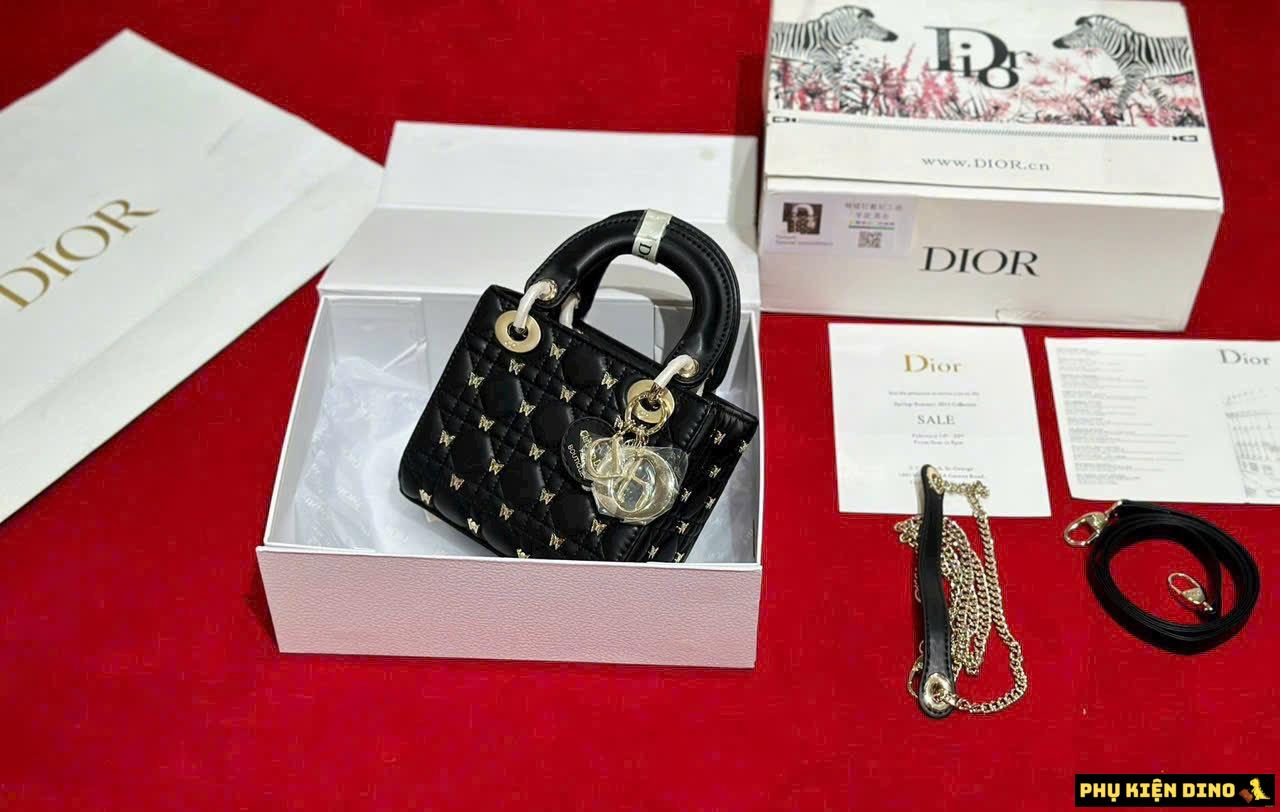 Túi Dior Small Lady Dior Bag Black Cannage Lambskin Butterfly 5 Túi Xách Tay Dior Lady Màu Đen Đính Bướm Fullbox
