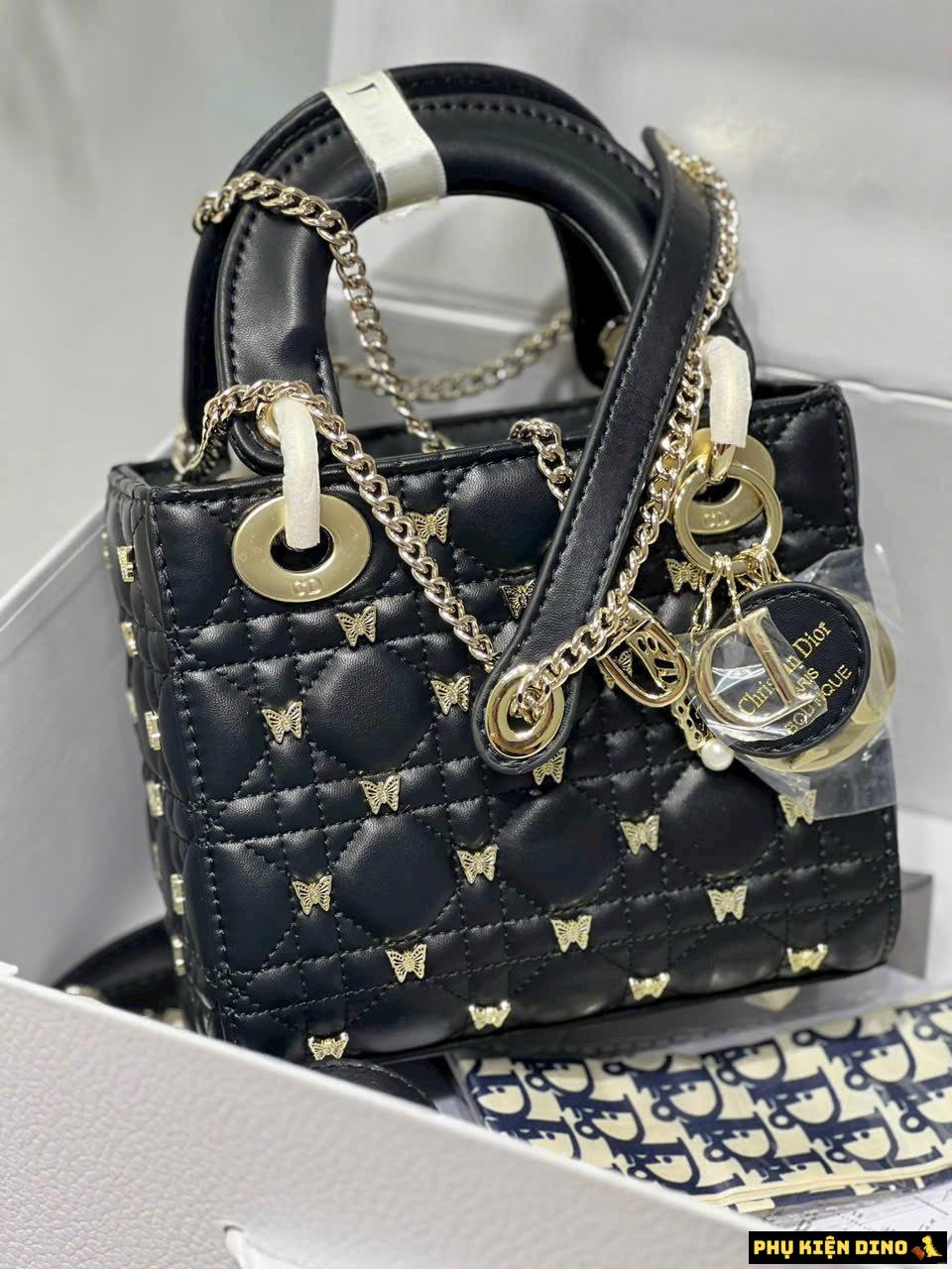 Túi Dior Small Lady Dior Bag Black Cannage Lambskin Butterfly 4 Túi Xách Tay Dior Lady Màu Đen Đính Bướm