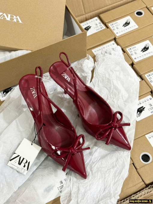 Giày Cao Gót Zara Gót Mũi Nhọn Nơ Đỏ Fullbox