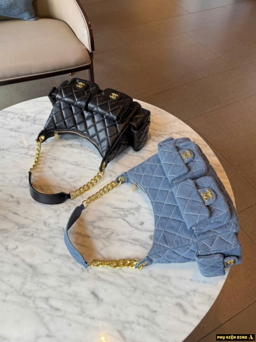 Túi Chanel Hobo Cargo Bag Calfskin Leather Black Denim Fullbox