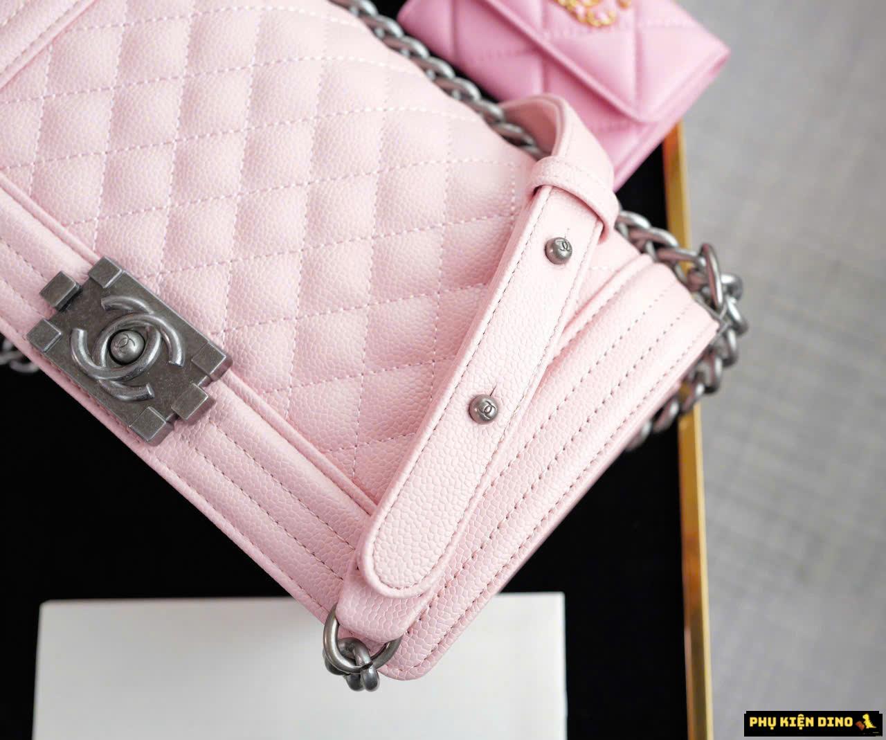 Túi Chanel Baby Pink Black White Leather Boy Bag Size 25 Fullbox 10 Túi Xách Chanel Boy 25 Da Grained Màu Hồng Phấn