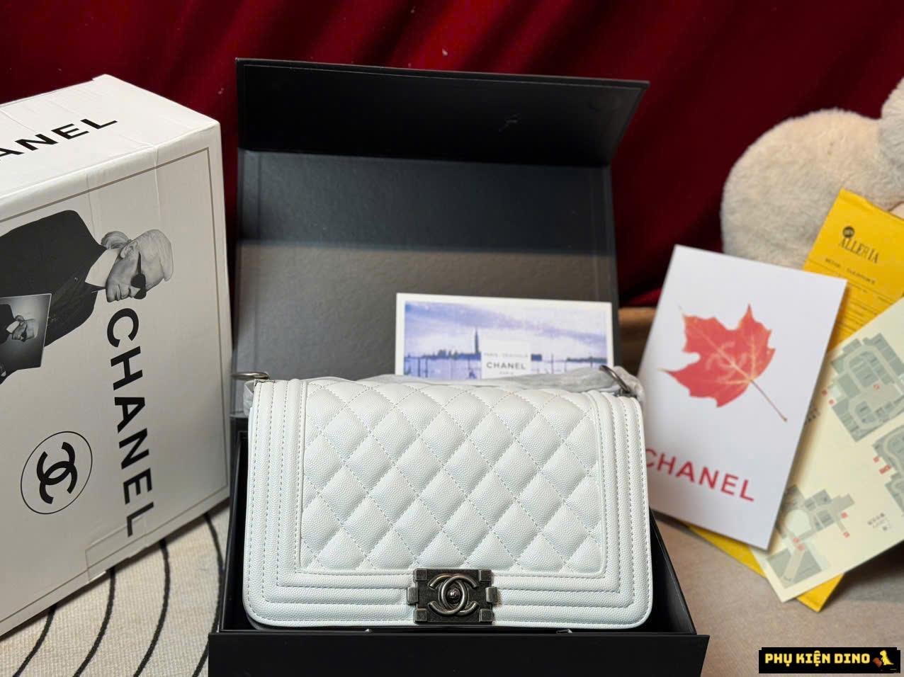 Túi Chanel Baby Pink Black White Leather Boy Bag Size 25 Fullbox 1 Túi Xách Nữ Chanel Boy 25 Da Thật Màu Trắng