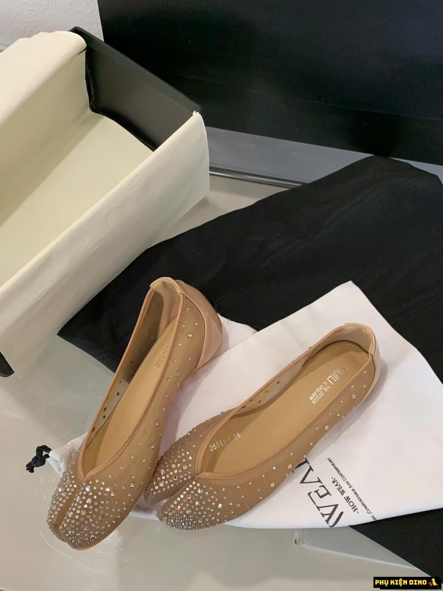 Giày Búp Bê Tabi Đính Đá MIJILI Màu Đen Da Cao Cấp 9 Giày Búp Bê Tabi MIJILI Màu Be Bản Chuẩn Đẹp