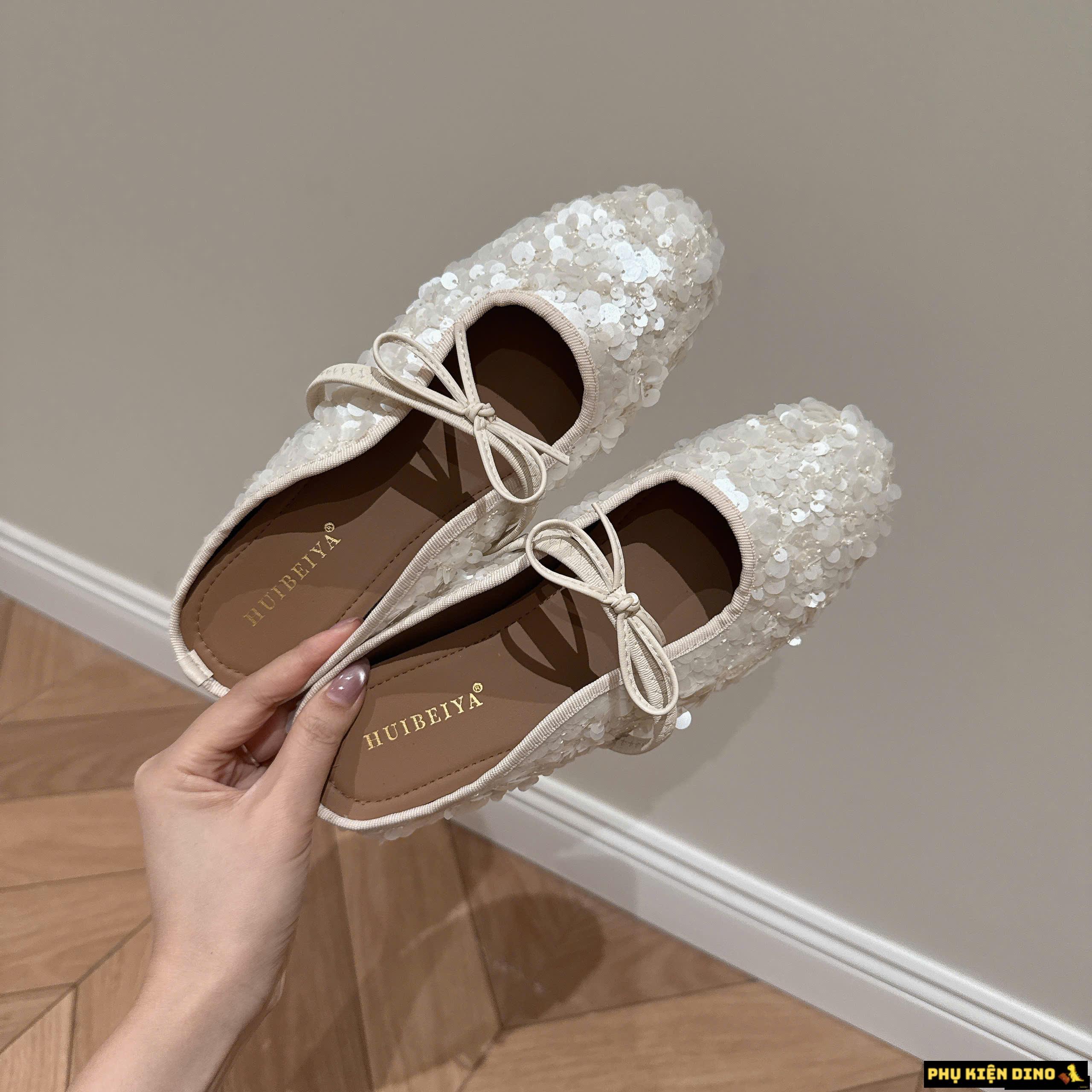 Giày Sục Búp Bê Đính Kim Sa Bling Bling Màu Đen Trắng Fullbox (Lùi Size) 9 giay suc bet dinh no bling bling mau trang hang qc