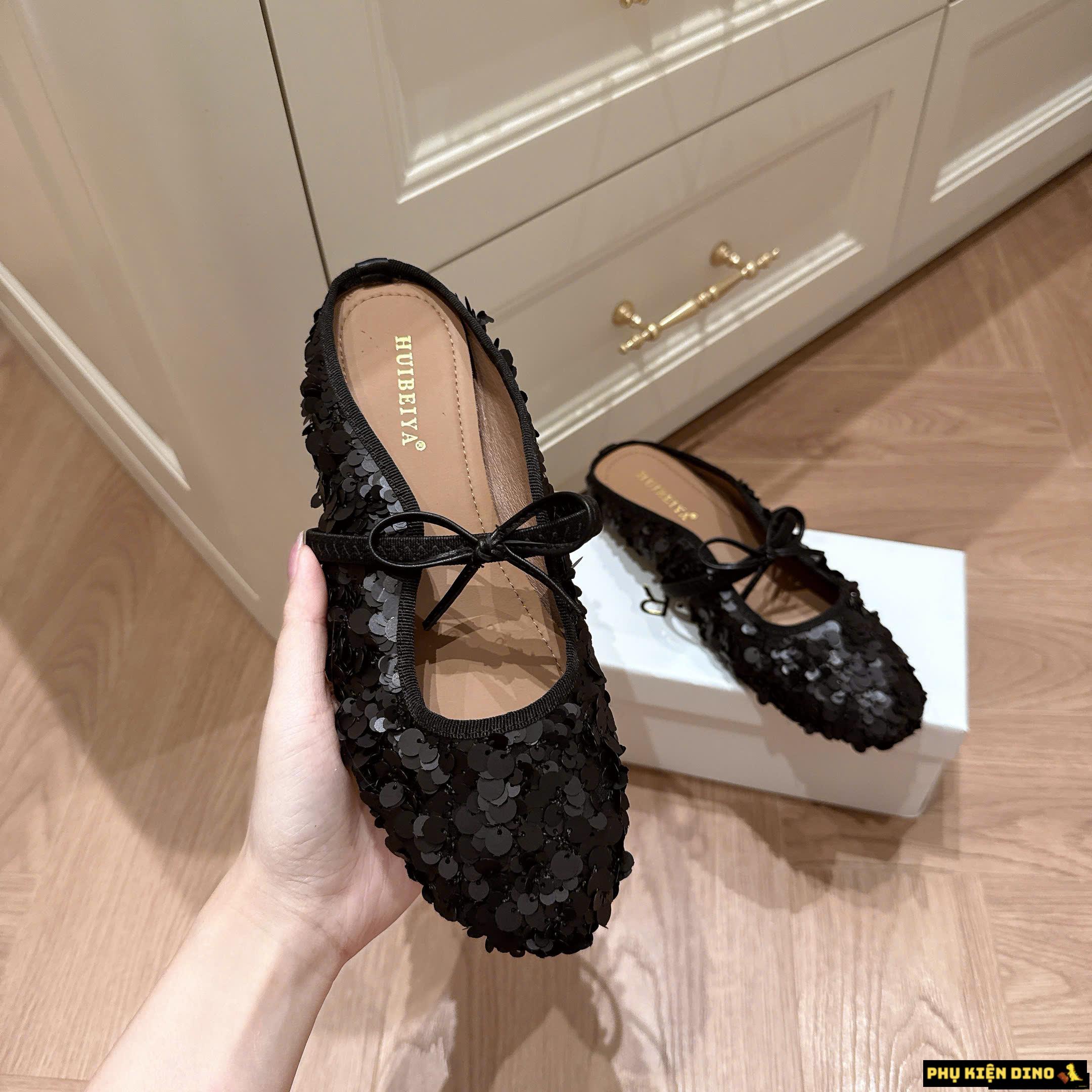 Giày Sục Búp Bê Đính Kim Sa Bling Bling Màu Đen Trắng Fullbox (Lùi Size) 10 Giày Sục Nữ HUIBEIYA Black Bling Bling Sequin Mules Fullbox