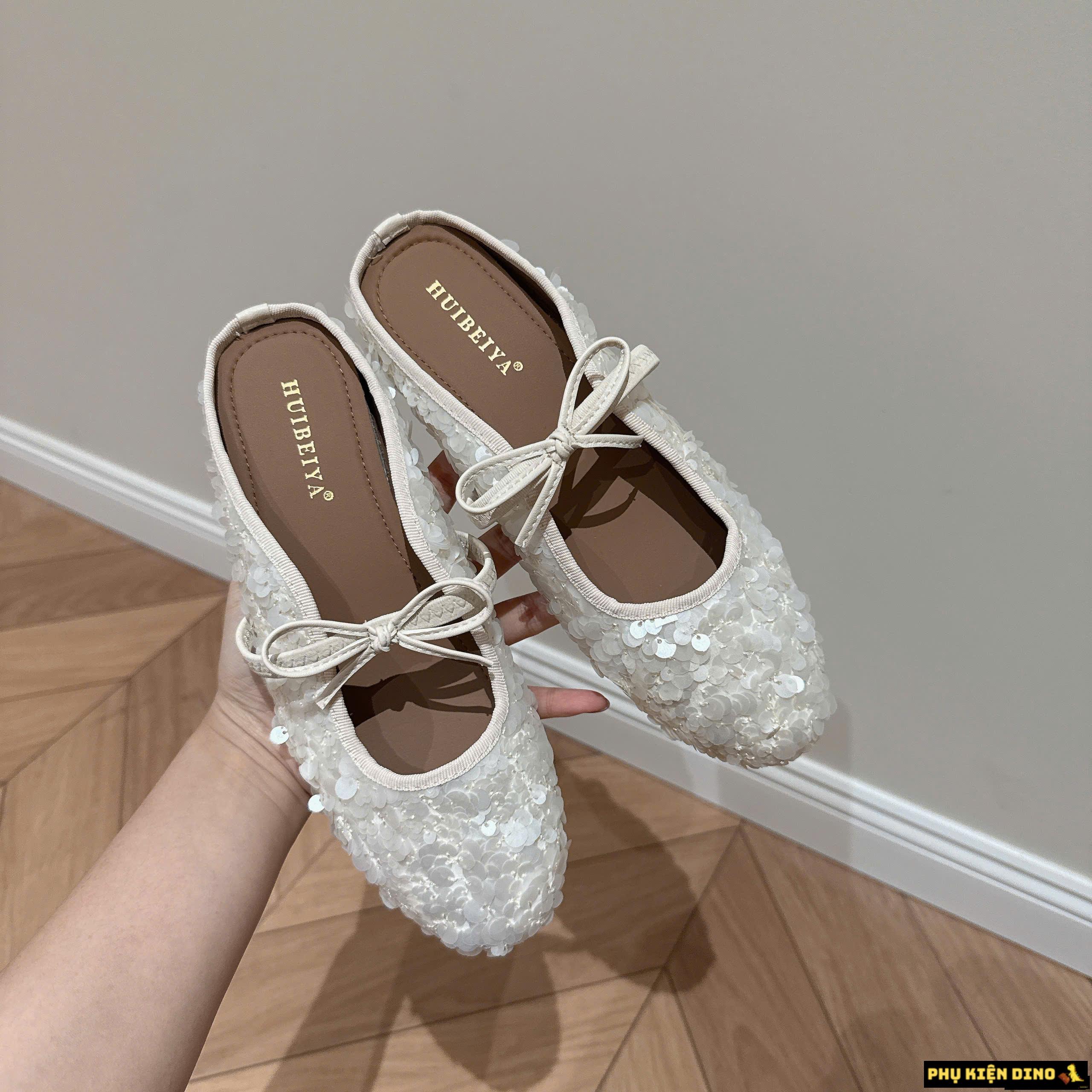 Giày Sục Búp Bê Đính Kim Sa Bling Bling Màu Đen Trắng Fullbox (Lùi Size) 5 Giày Sục Nữ HUIBEIYA White Bling Bling Sequin Mules Fullbox