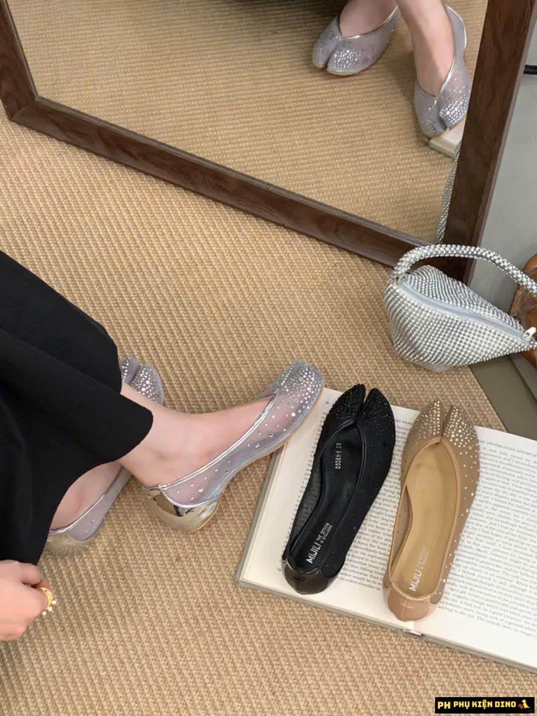 Giày Búp Bê Tabi Đính Đá MIJILI Màu Đen Da Cao Cấp 5 Giày Tabi MIJILI Beige Rhinestone Soft Leather