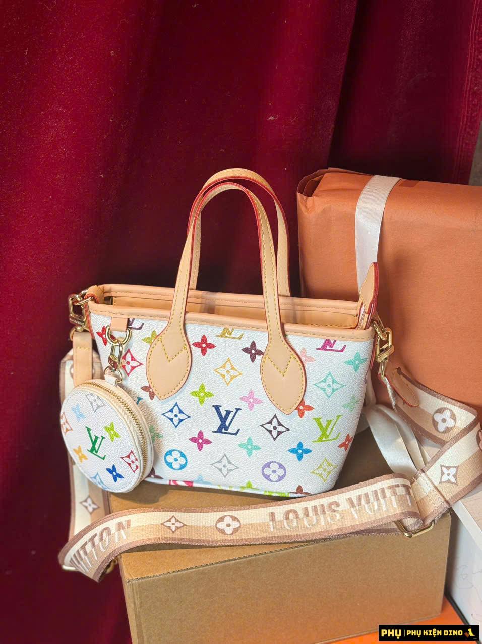 Túi Louis Vuitton LV Neverfull Mini Size 20 Tặng Kèm Ví Nhỏ Fullbox 2 Túi Xách Nữ LV NVF Mini Size 20 White Multicolor Monogram Fullbox
